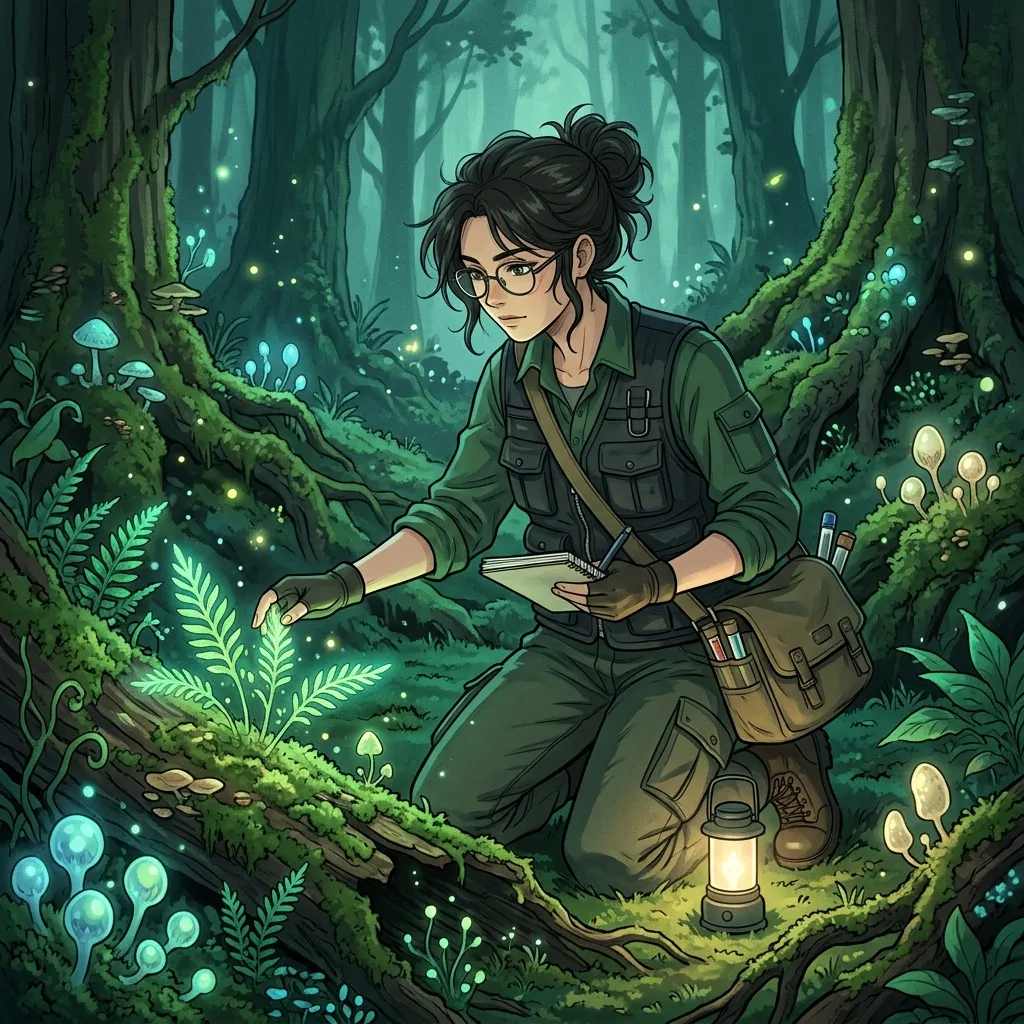 A researcher in a luminous forest
