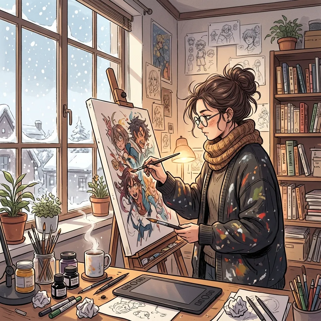 An artist in a winter studio