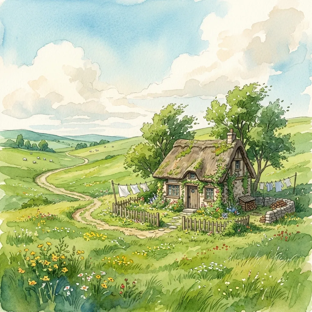 A cottage on a green hillside