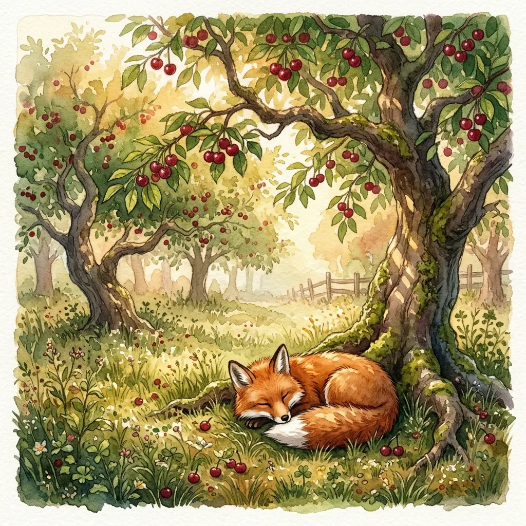 A fox resting in an orchard