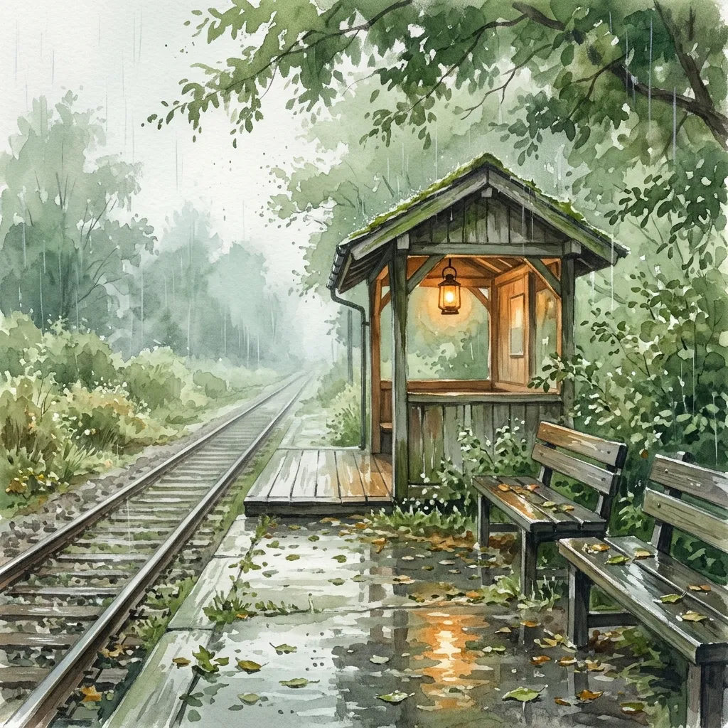 A small train stop in the rain