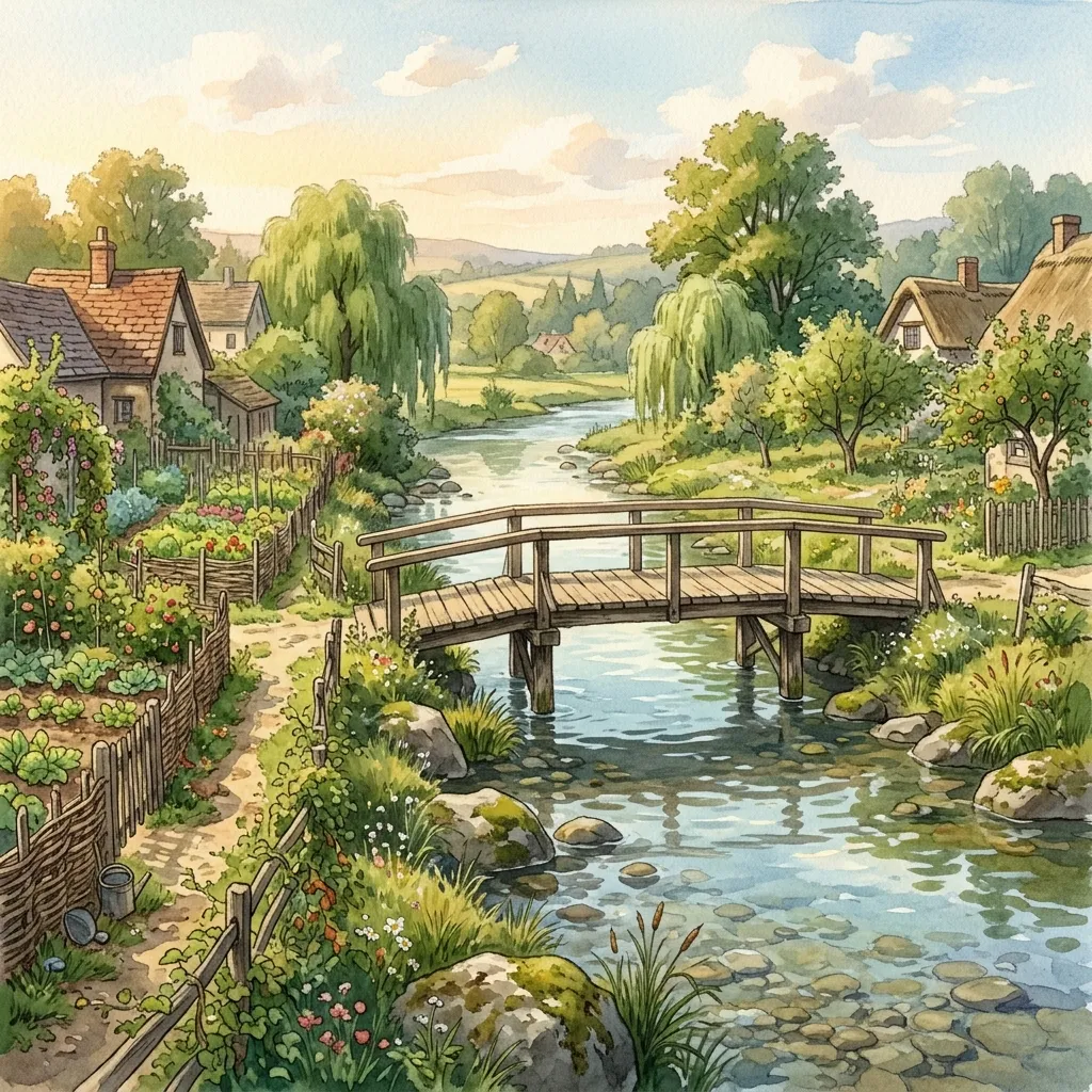 A footbridge beside a village