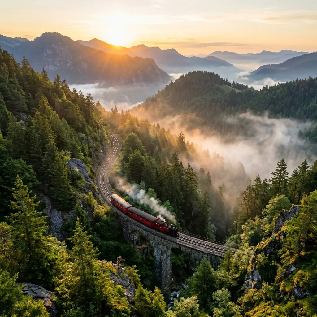 A train winding through mountains