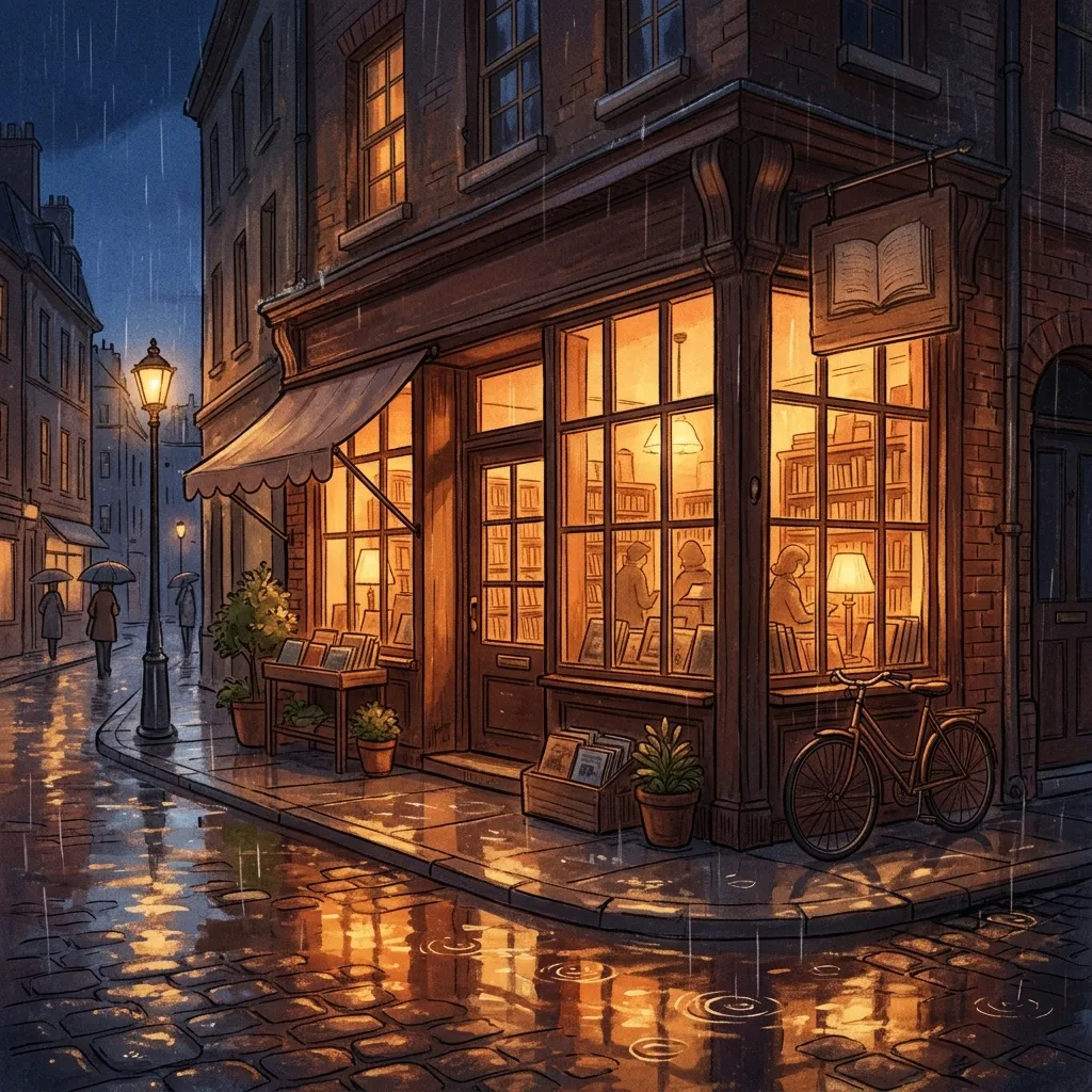 A bookshop on a rainy evening