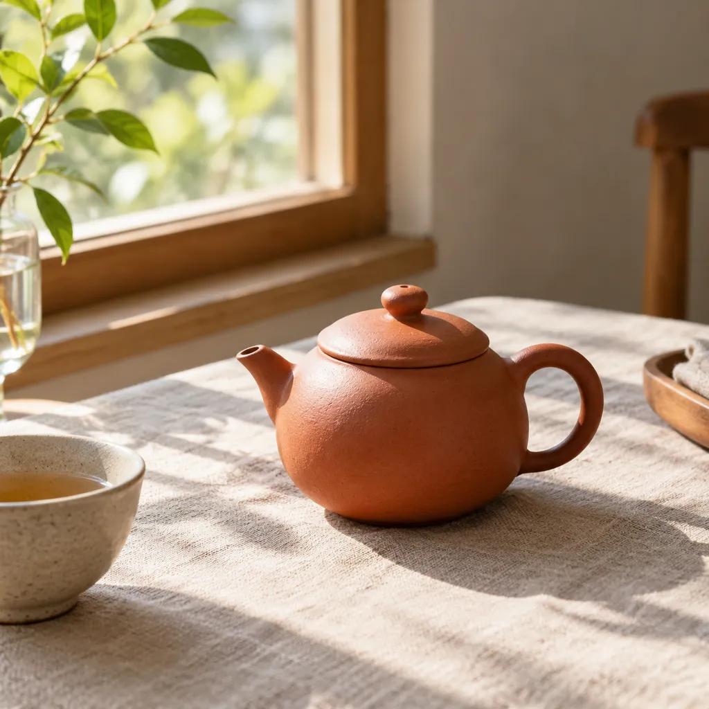 A smooth terracotta teapot in strong sunlight with a bowl of tea, made with GPT Image 2.5