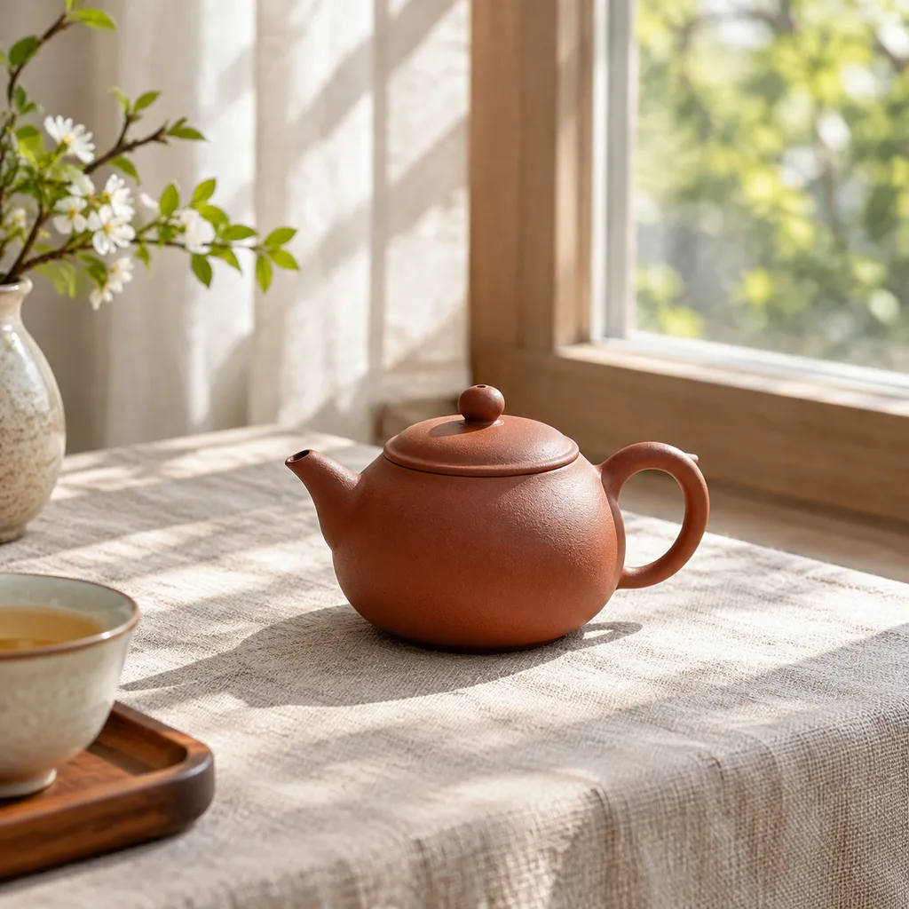 A terracotta teapot with white blossoms and a tea bowl on a tray, made with GPT Image 2