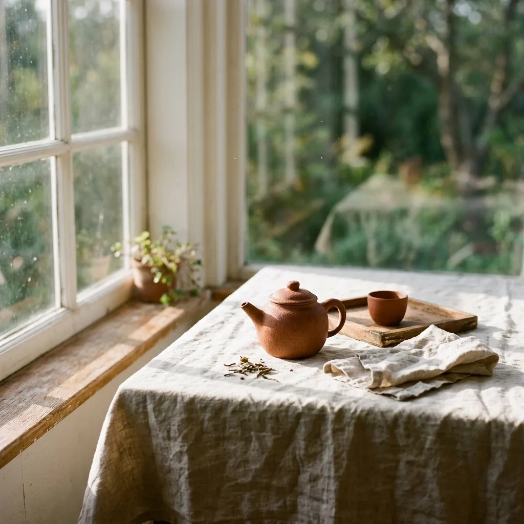A terracotta teapot and cup on a wooden tray by a wide window, made with Nano Banana 2.1