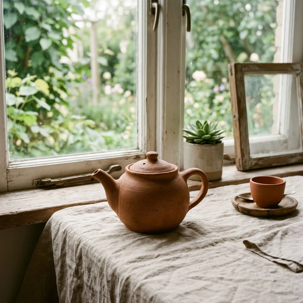 A terracotta teapot on linen in front of a garden window, made with Nano Banana 2