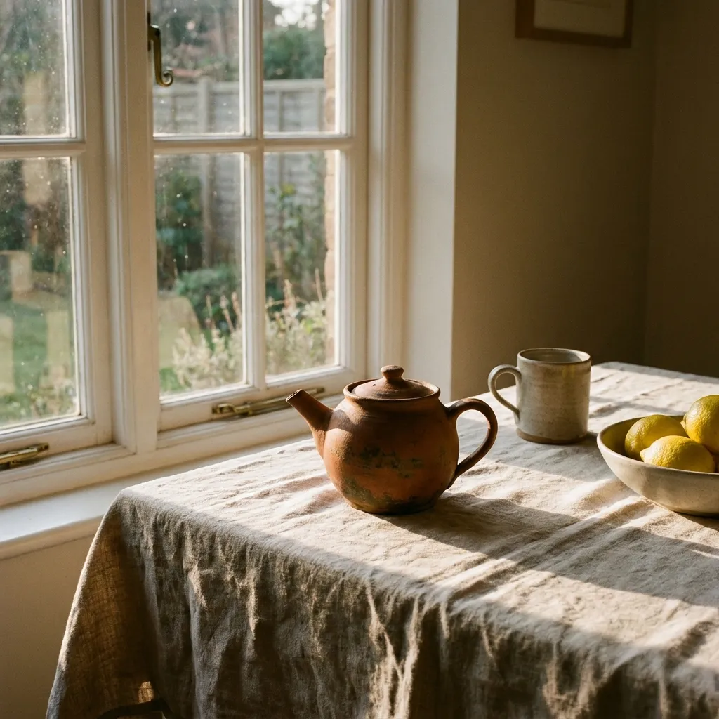 A weathered terracotta teapot beside a mug and a bowl of lemons, made with Nano Banana Pro