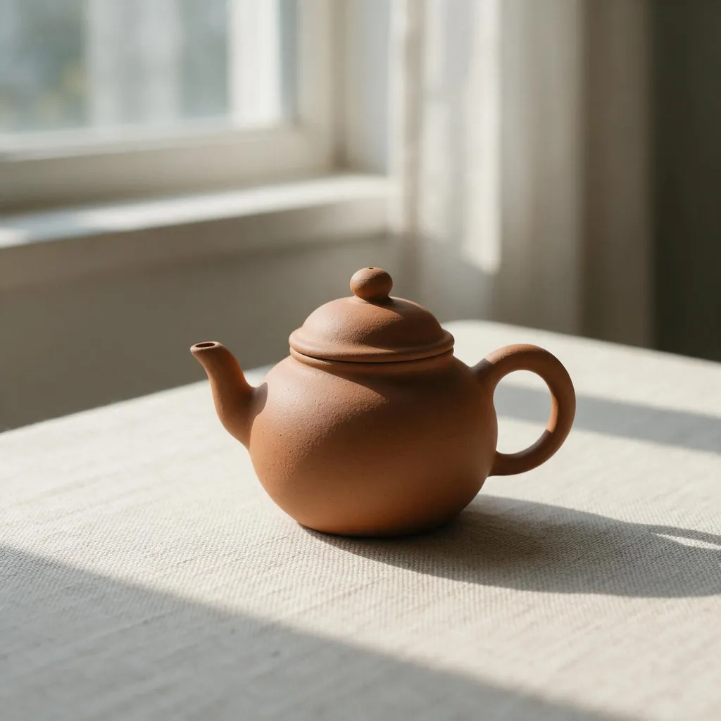 A small terracotta teapot alone on linen near a blurred window, made with Seedream 5.0 Pro